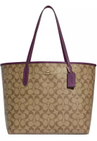 Coach City Tote Bag In Signature Canvas in Khaki/ Boysenberry 5696