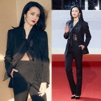 明星姚晨同款2019新款黑色西裝套裝女小香風職業西服直筒褲兩件套