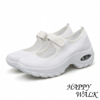 【HAPPY WALK】氣墊娃娃鞋/彈力透氣飛織魔鬼粘機能氣墊休閒娃娃鞋(白)