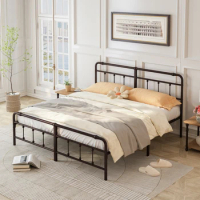King Size Metal Platform Bed Frame with Victorian Style Wrought Iron-Art Headboard, Timeless Elegance, Easy Assembly