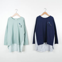 【Dailo】立體小馬兒條紋異材質拼接棉長袖上衣(藍 綠)