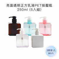 【收納家】亮面正方乳液PET按壓瓶｜5色250ml 5入組(空瓶 塑膠瓶 乳液瓶 分裝瓶)