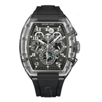 BONEST GATTI Men Automatic Watch Tonneau Mechanical Wristwatch Crystal Case Luminous Fluororubber Month Week Date 24 Hours