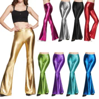 Women Shiny Flare Trousers Laser Metallic Wetlook Ruffle Wide Leg Pants Retro 70s Disco Hippie Club Trousers Skinny Bell Bottoms