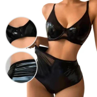 Women PU Sexy Lingerie Black 2Pieces Exotic Sets Bra Thongs Underwear Panties PU Leather Women Leather Push Up Bra Thongs
