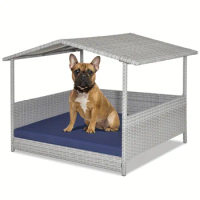 Wicker Dog House, Weather-Resistant Raised Rattan Dog Bed, Outdoor Dog House With Detachable Soft Cushion