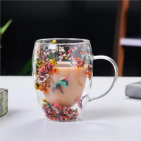 1PCS Clear Double Wall Glass Mug Cup with Dry Flower Sea Snail Conchs Glitters Fillings for Coffee Juice Milk Lovely Gift