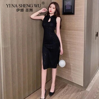 Chinese Qipao Cheongsam Elegant Sleeveless Cheongsam Skirt Chinese Frog Button Bodycon Dress Cheongsam Women Black Split Dresss