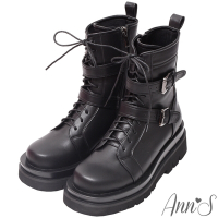 Ann’S就是比較瘦-雙扣帶綁帶機車輕量厚底短靴5.5cm-黑