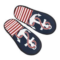 Nautical Stripes And Red Anchor Guest Slippers for Hotel Women Custom Print Sailing Sailor House Slipper