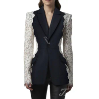 Tesco Fashion Women's Suit Blazer Single Button Hollow Out Full Sleeve Contrast Color Lace Patchwork Suit Jacket Female Coat