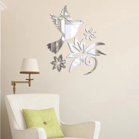 Removable Mirror Wall Sticker Floret Cat Pigeon Feather Decal 3D Mirror Wall Art Party Wedding Home Decors Fridge Wall Decal