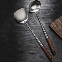 Home Kitchen Wood Handle Stainless Steel Lengthened Wok Shovel Cooking Spoon Spatula