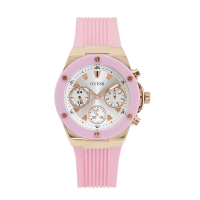 【GUESS】粉紅色系 白面 玫瑰金框 三眼日期顯示腕錶 矽膠錶帶 手錶 母親節(GW0030L4)