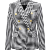 2024 Vintage Double-Breasted Houndstooth Jackets Blazer for Women Wear to Work Office Outfits Autumn Winter Outerwears Blazers