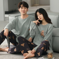 情侶睡衣女春秋款新款華夫格緊賽精梳棉男長袖休閑寬松大碼家居服