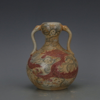 元代海水龍紋青花釉里紅抱月瓶 蒜頭瓶 仿古舊貨瓷器收藏裝飾擺件