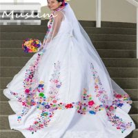 Colorful Mexican Emboridery Wedding Dress 2024 Elegant Ball Gown Satin V Neck Fatasy Gothic Bride Dress Celtic Gatsby Bridals
