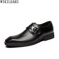 Man Dress Shoes Leather Square Toe Brown Slip on Shoes Men Monk Strap Black Loafers Office Shoes for Man 2024 Zapatos De Hombre