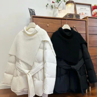 Wool Shawl Down Jacket Women's Winter Coat 2023 Knitted Waistband Short Slim White Duck Down Puffer Jackets for Women Clothes