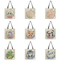 Cartoon Rabbit Panda Fox Print Women's Tote Bag Cute Animal Ladies Shopping Bag Student Portable Book Tote Bag Eco Reusable Bag