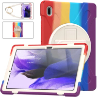 Kids Case for Samsung Galaxy Tab S7 FE 5G Silicone Case T730 T736B T735 Shockproof Cover with Rotatable Kickstand+Strap