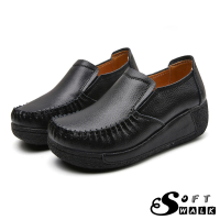 【SOFT WALK 舒步】真皮樂福鞋 厚底樂福鞋/真皮舒適寬楦手工縫線復古厚底坡跟樂福鞋(黑)