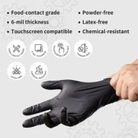 LANON 6-mil Black Nitrile Disposable Gloves, Food-Safe, Powder-Free, Heavy-Duty, Textured Fingertips, Latex-Free, Large