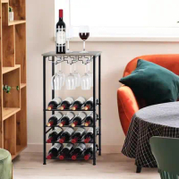 Wine Bottle Holder Wine Rack Freestanding Floor with Glass Holder Rack Wood Tabletop &amp; 16 Bottles Holder Wine Liquor Cabinet Bar