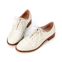 【HERLS】牛津鞋-全真皮簡約拼接橢圓頭素面牛津鞋(白色)