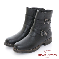 【CUMAR】中性簡約率性釦帶平底短靴-黑色