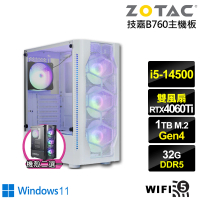 【NVIDIA】i5十四核GeForce RTX 4060TI Win11{霞光潛將W}電競電腦(i5-14500/技嘉B760/32G/1TB/WIFI)