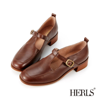 HERLS 低跟鞋-復古全真皮T字瑪莉珍低跟鞋(深棕色)
