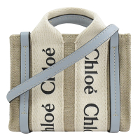CHLOE Woody NANO系列LOGO織布帆布超迷你斜背兩用包(米/淺藍)