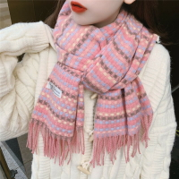 韓版秋冬韓國新款彩色編織款仿羊絨圍巾格子披肩兩用保暖學生圍脖