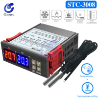 STC-3008 Dual Digital Temperature Controller Two Relay Output Thermostat with Sensor DC12V 24V AC110-220V Home Fridge Cool Heat
