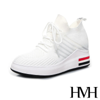 【HMH】美腿內增高時尚飛織縷空綁帶設計造型厚底休閒鞋(白)