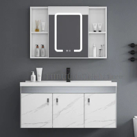 Integrated Bathroom Cabinet Set with Ceramic Washbasin Wall-mounted Bathroom Dressing Storage Cabinet with Square Mirror Faucet