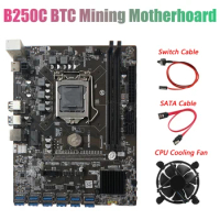 B250C BTC Miner Motherboard With Switch Cable+SATA Cable+Fan 12XPCIE To USB3.0 Card Slot LGA1151 Supports DDR4 DIMM RAM