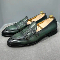 Luxury Mens Dress Shoes Genuine Cow Leather Slip-on Loafer Buckle Monk Strap Casual Business Green Black Wedding Shoes for Men