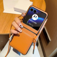 Luxury Simple Business Crossbody Lanyard Card Holder Phone Case For Motorola Razr 40 Ultra Moto Razr 40Ultra 2023 Leather Cover