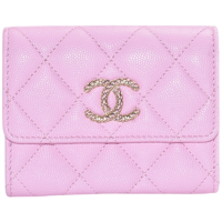 CHANEL 經典網格雙C LOGO菱格粒紋牛皮暗釦零錢包(粉紅色)