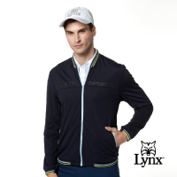 【Lynx Golf】男款素面羅紋配色織條網狀透氣長袖外套-深藍色