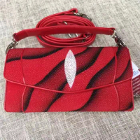 Authentic Real True Stingray Skin Women Red Envelop Clutch Bag Female Flap Purse Genuine Exotic Leather Lady Small Shoulder Bag