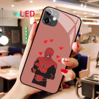 Spider-Man Luminous Tempered Glass phone case For Apple iphone 12 11 Pro Max XS Acoustic Control Protect LED Backlight cover