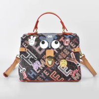 Eye Theme Printed Graffiti Women's Flip Handbag Letter Color Printed Zipper Lock Strap Bag Adult Girls Handbag