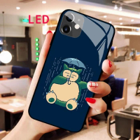 Snorlax Luminous Tempered Glass phone case For Apple iphone 13 14 Pro Max Puls mini Luxury Fashion RGB LED Backlight new cover