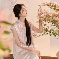 三彩遲日芳菲2026夏季新款新中式恤衫小衫企領短袖襯衣女C-櫻花粉花卉 155/80A/S