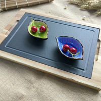 天然石板帶木托餐盤 方形茶盤拉絲石板木餐盤 酒店高端餐具系列