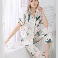 short Sleeve Silk Pajamas Spring Autumn Women Pajama Sets Print Cute Sleepwear Pyjamas Nightwear loungewear pajamas for sleeping